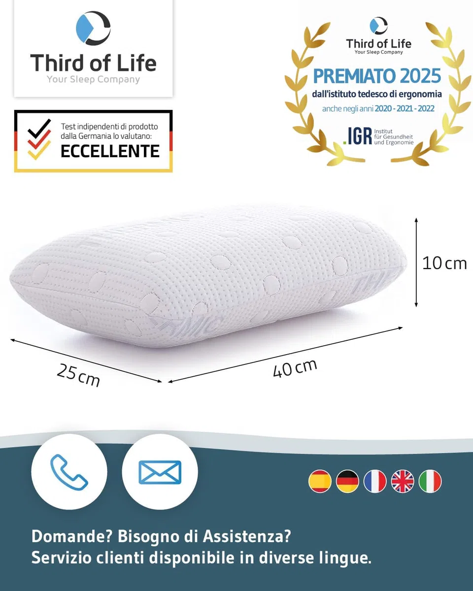 Third of Life VOLAR Cuscino da viaggio in memory foam, Piccolo cuscino cervicale ergonomico e ortopedico, Federa termoregolante, Poggiatesta per viaggiare o per dormire in campeggio, 40x25x10cm