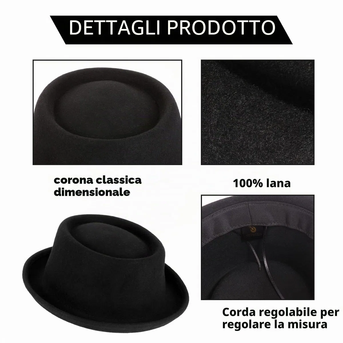 GEMVIE Pork Pie Cappello per Uomo Donna 100% Feltro di Lana Fedora Trilby Cappello Nero Adulto Unisex Porkpie Cappelli