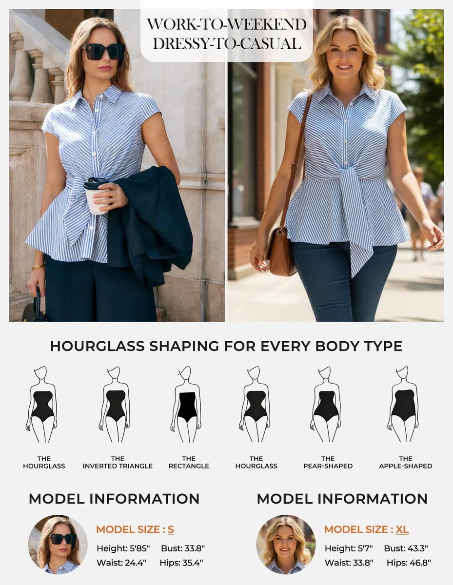 GRACE KARIN Camicetta da donna a righe estiva in cotone peplo elegante casual ufficio lavoro camicetta cravatta frontale manica ad aletta tunica