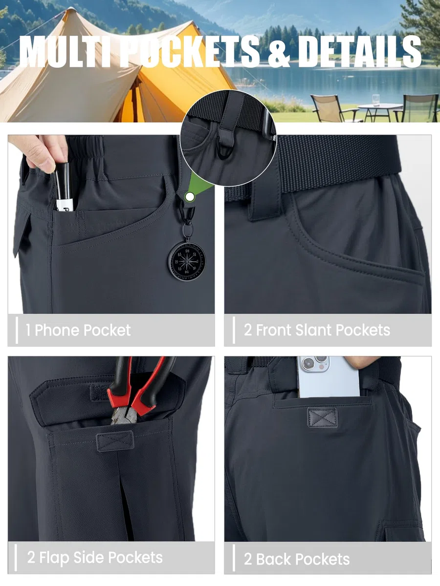 Pantaloni da trekking convertibili da uomo, impermeabili, ad asciugatura rapida, con cerniera, leggeri, tattici, multitasche, per attività all'aperto, pesca, safari