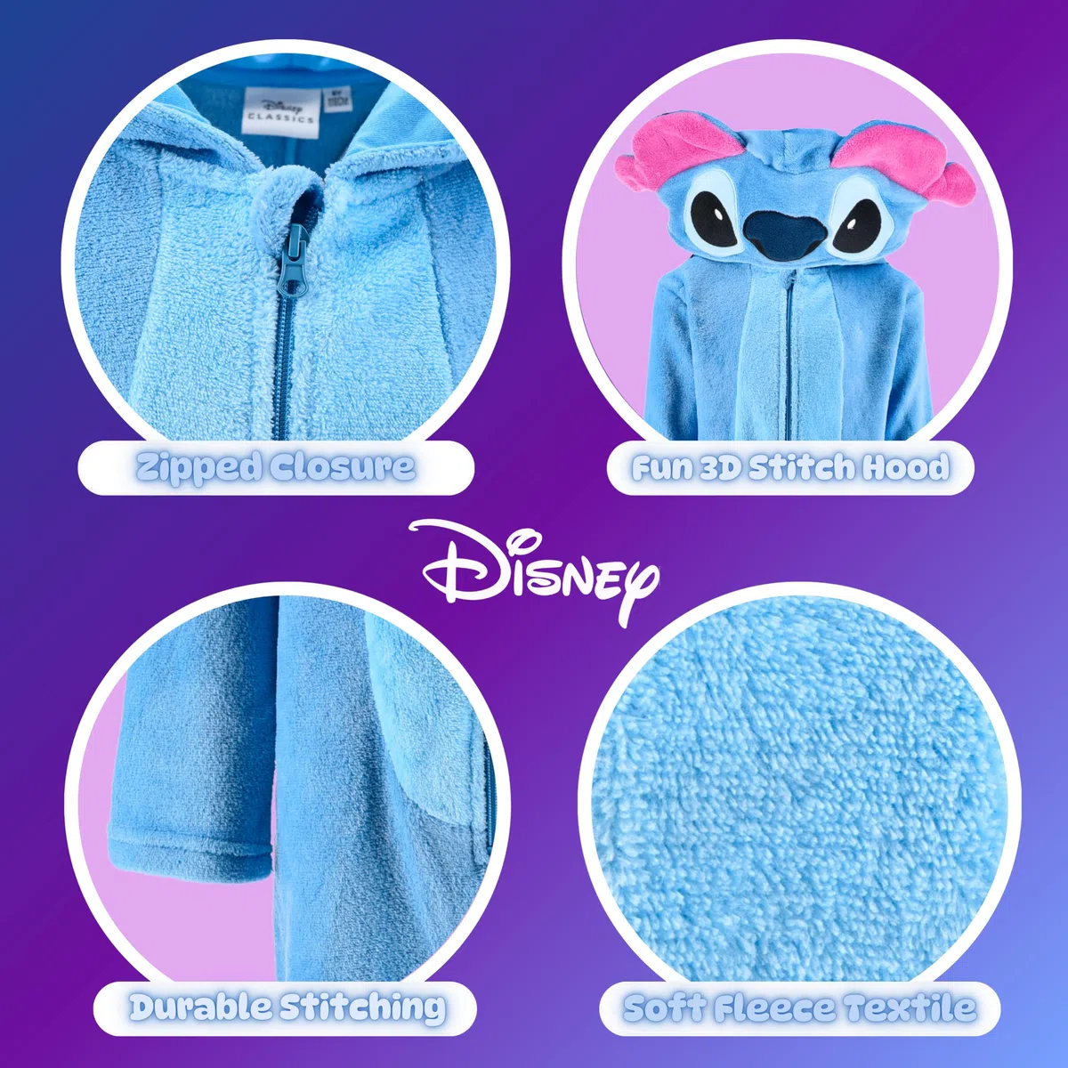 Disney Stitch Pigiama per Ragazze, Pigiama Intero con Cappuccio 3D Design Morbido, Regalo per Bambina e Adolescenti, Taglie 6 a 12 Anni