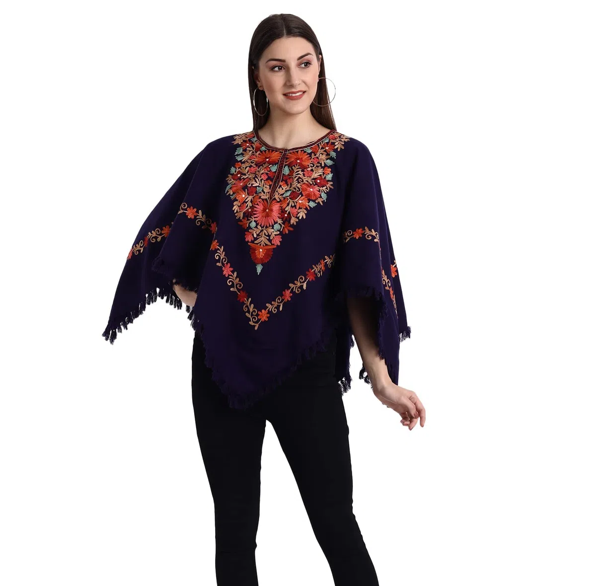 Indian Kashmiri - Poncho da donna con ricamo a mano, motivo cachemire, lavorato con fodera interna (dimensione libera), colore: verde