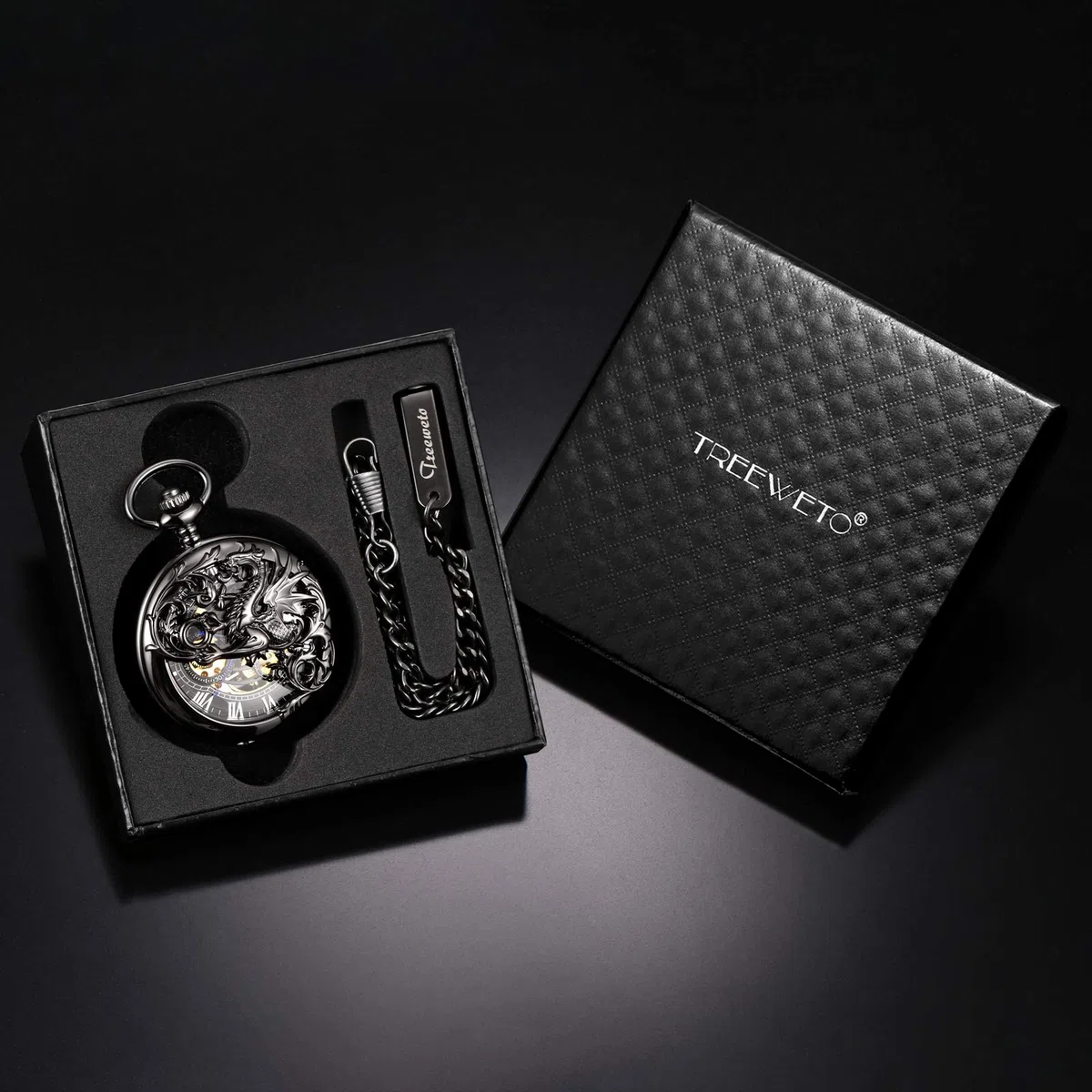 TREEWETO Orologio da tasca meccanico da uomo, con scheletro, drago e scheletro, con doppia apertura, argento/bronzo/nero, custodia da uomo