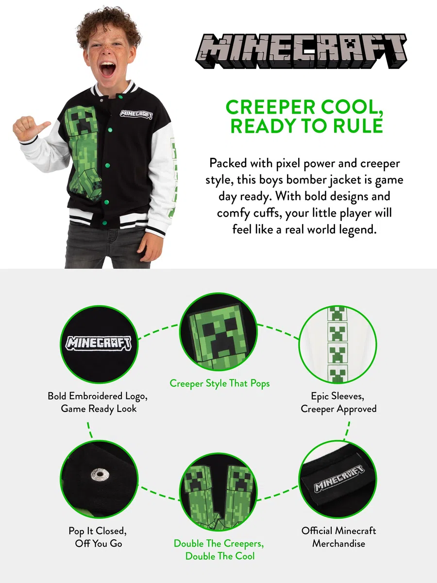 MINECRAFT Giacca Ragazzo, Giaccia Bomber Creeper, Giubbotto Ragazzo Cotone