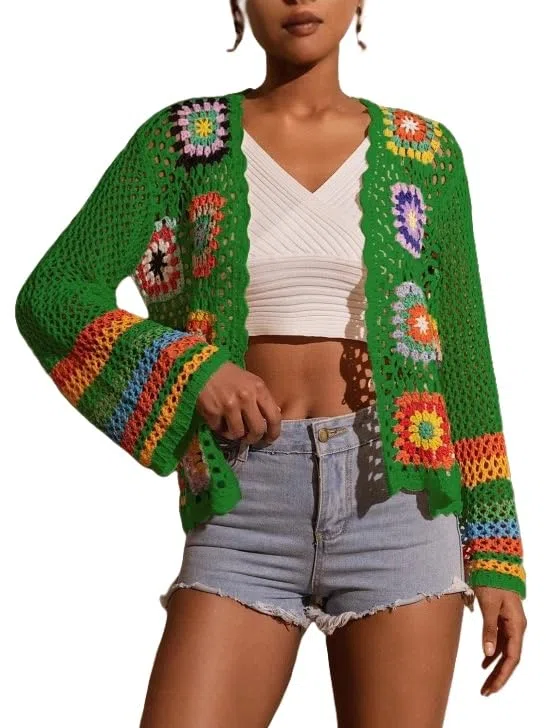 Cardigan Donna Estivo Cardigan all'Uncinetto con Fiori da Donna Lavorato A Mano Lavorato A Maglia Traforato Boho con Motivo Floreale Quadrato Leggero Estivo con Maniche Svasate Coprispall
