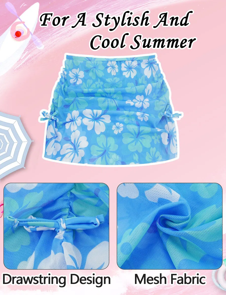 SEAUR Bikini da bambina con gonna, 3 pezzi, costume da bagno stampato, costume da bagno imbottito, per 140-170 cm