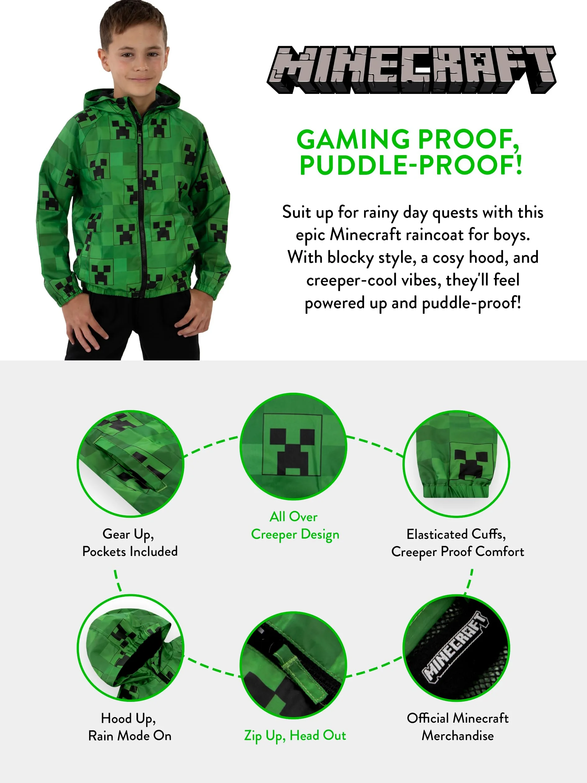MINECRAFT Impermeabile Giacca Ragazzi, Impermeabile Bambino Creeper, Cappotto Bambino Gaming