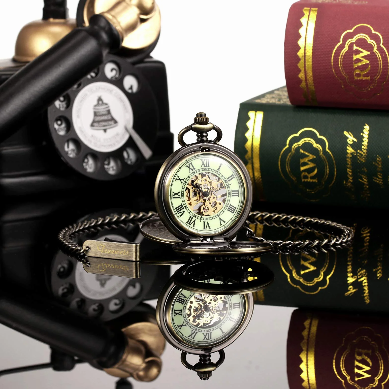 TREEWETO Fullmetal Alchemist - Orologio da taschino meccanico a doppia copertura, con scheletro Steampunk, da uomo e donna, con catena