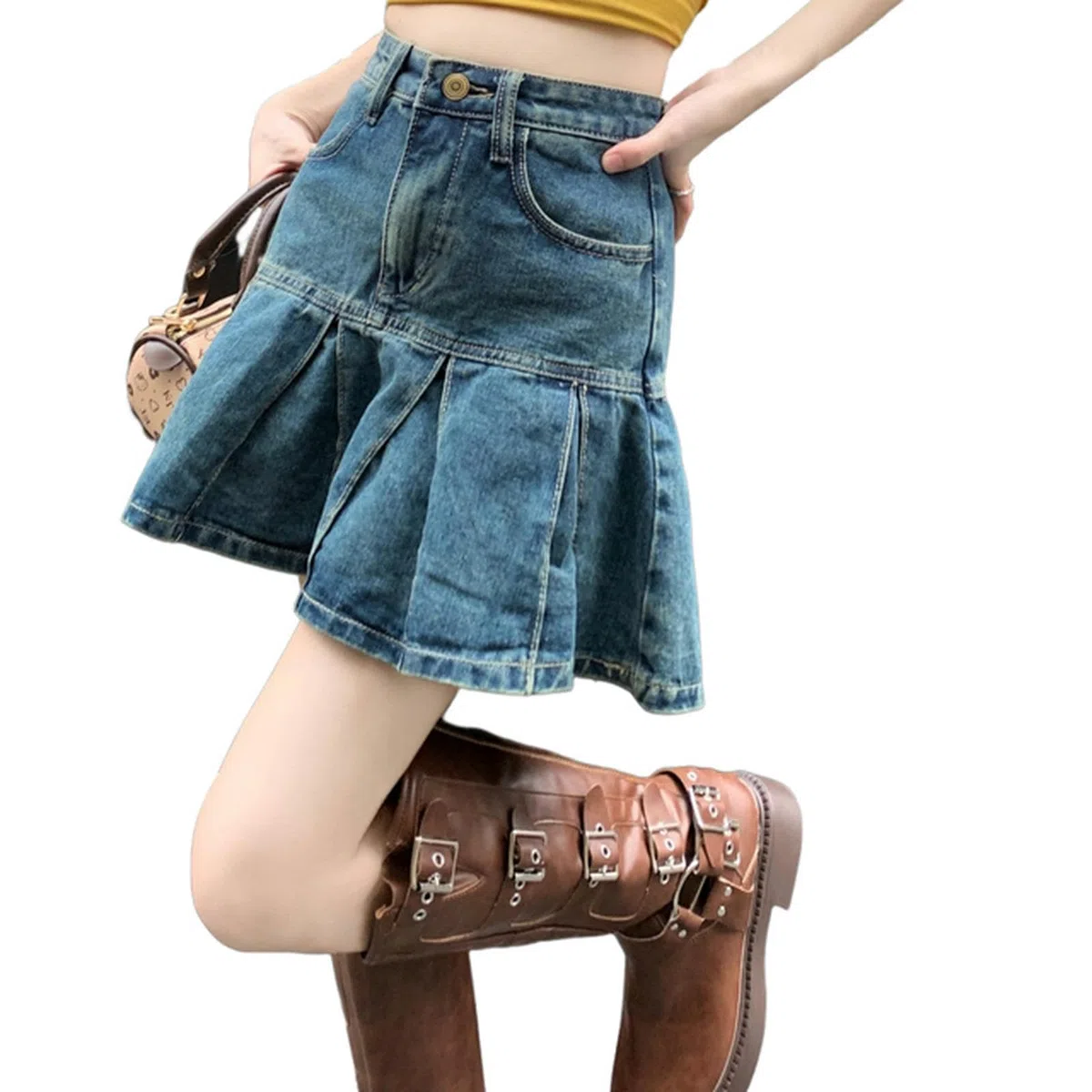 Gonna a Pieghe in Denim Vintage Donna 2023 Estate Nuovo Corsetto a Vita Alta Solido Y2k Gonna Jean Ladies Festival Outfit Women-Blue-XL