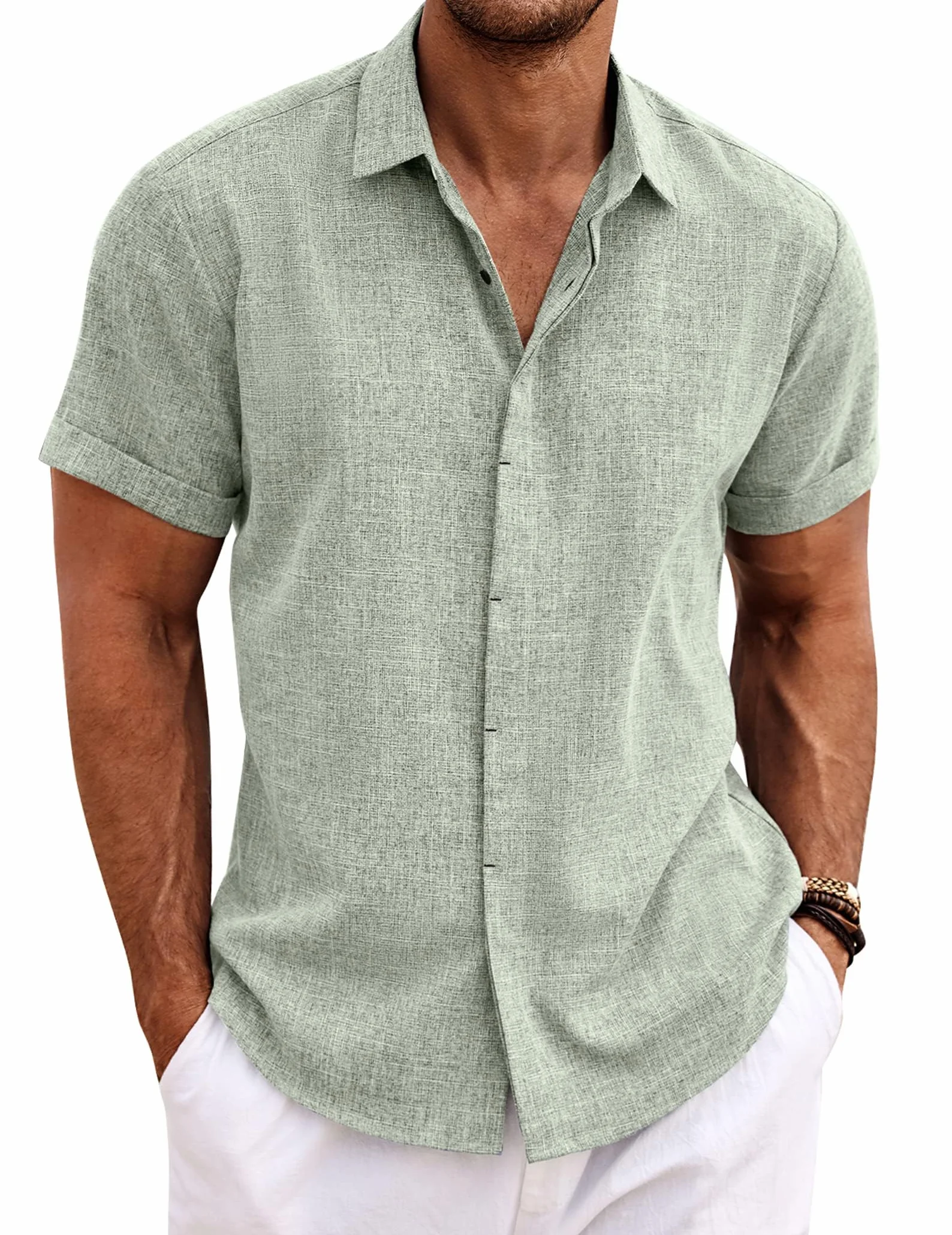 COOFANDY Camicia in Lino da Uomo Camicia a Maniche Corte abbottonata Camicie Casual vestibilità Regolare Camicia in Lino da Spiaggia Estiva