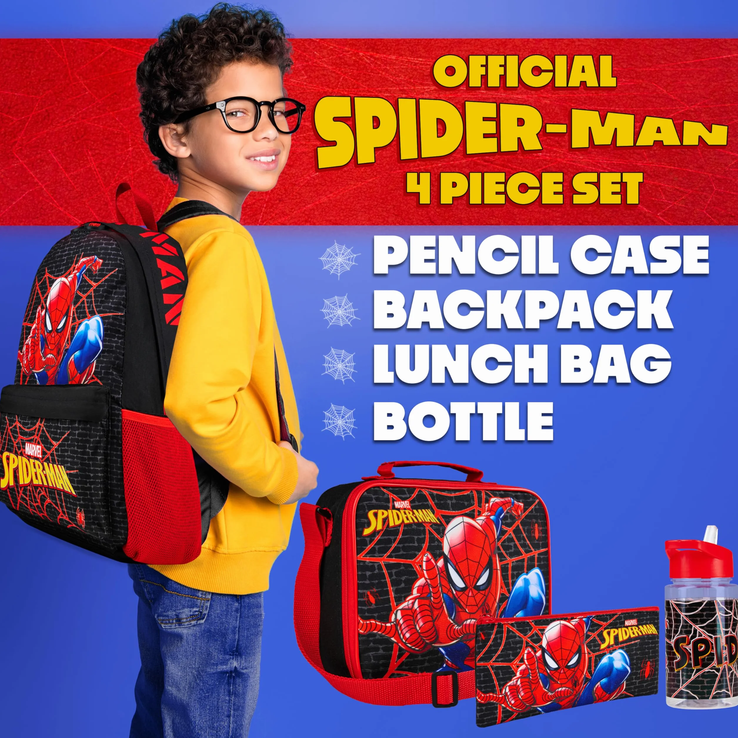 Marvel Spiderman Zainetto Bambino Set 4 Pz Borraccia 400ml Astuccio Isolato Borsa Portapranzo Accessori Scuola Viaggio Vacanza