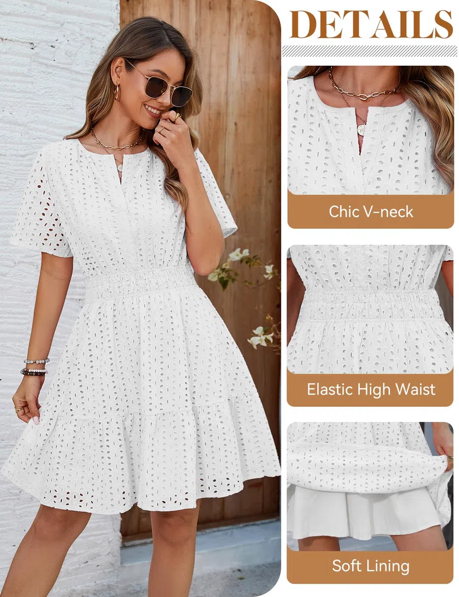 Yuson Girl Vestito Estivo Donna Scollo a V Abito Corto Maniche Corte Cotton Comodo Abito Vuoto Abito Mare Spiaggia Vestiti Casuale Eleganti Vita Alta Abiti Mini