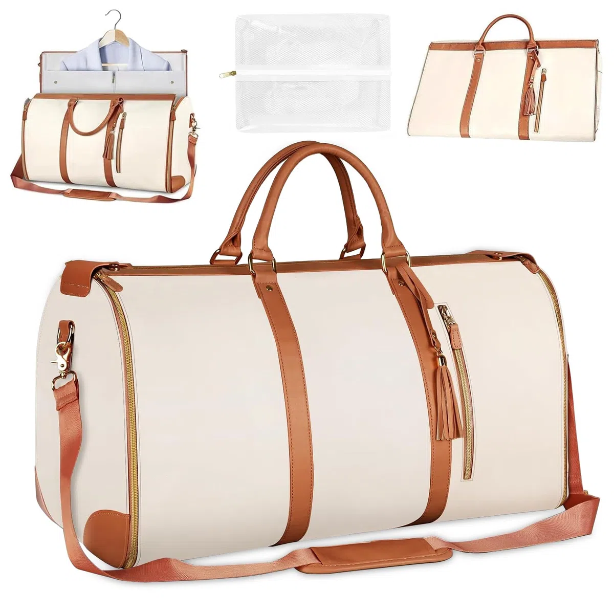 Borsone da Viaggio, Porta Abiti da Viaggio, Travel Bag con Custodia Per Scarpe, Grande Borsa da Viaggio Donna, Borsa da Viaggio Porta Abiti Pieghevole, Borsa Per Valigie Sospesa 2 In 1 (Bianco)
