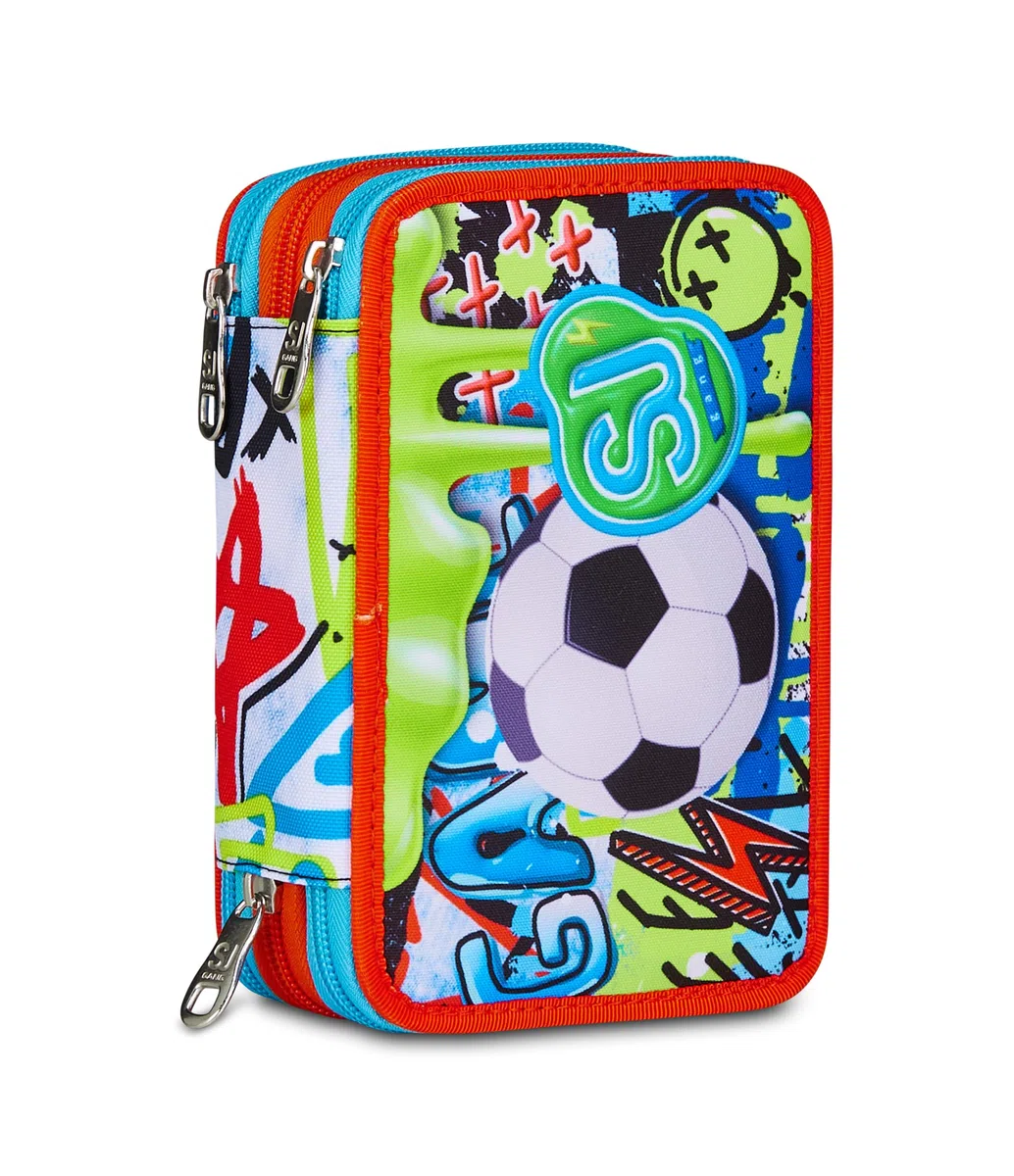 SJ GANG STYLE JAM GANG Astuccio Scuola 3 Zip, Blu, Portapenne Triplo Scomparto Completo Di Penne, Matite, Colori, Accessori Zaino, Scuole Elementari, Bambino