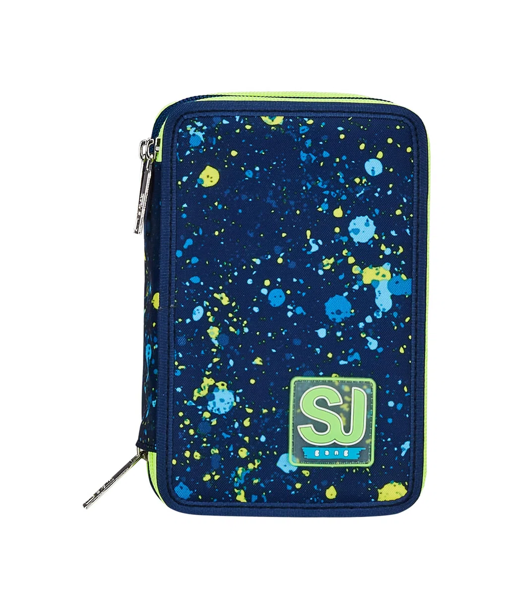 SJ GANG STYLE JAM GANG Astuccio Scuola 3 Zip, Blu, Fluo Snow, Portapenne Triplo Scomparto Completo Di Penne, Matite, Colori, Accessori Zaino, Elementari, Medie, Bambino