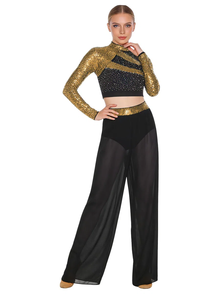 inhzoy Vestito da Ballo Lirico Contemporaneo Donna Completo da Ginnastica Ritmica con Strass Paillettes Crop Top Danza Classica Moderna + Pantaloni Lunghi Dancewear