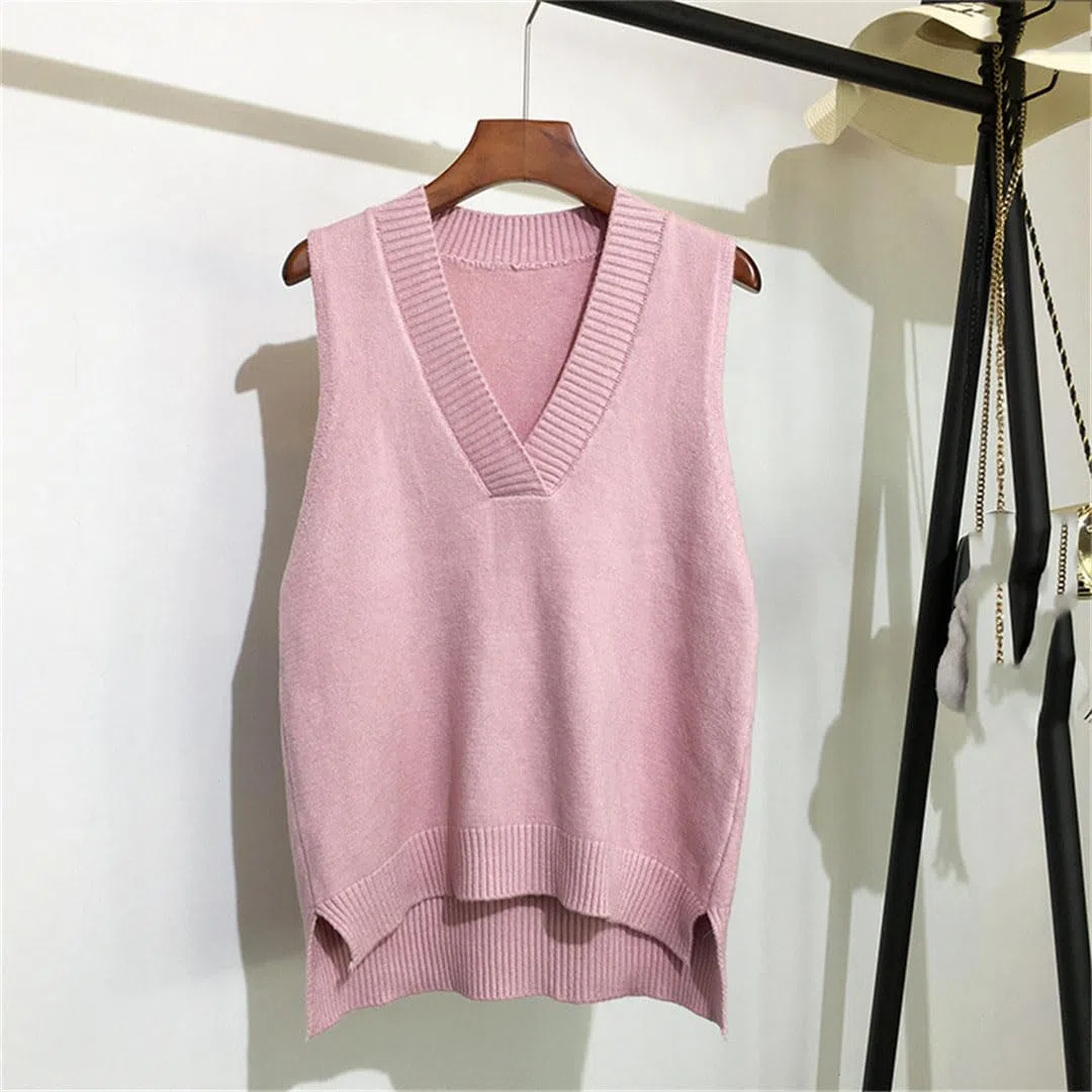 Maglione da donna semplice con scollo a V retrò gilet lavorato a maglia maglione sciolto senza maniche camicia di fondo pullover gilet casual