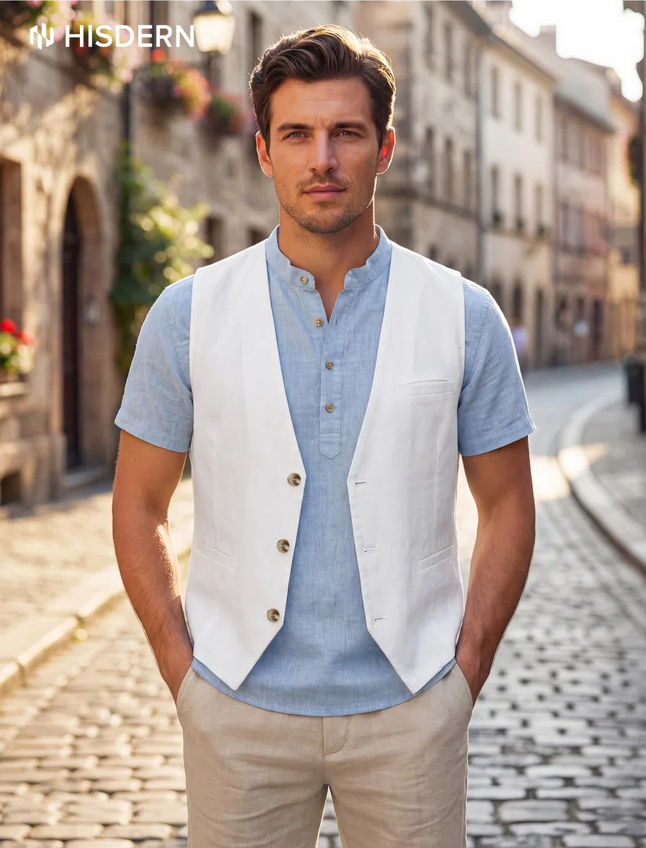 HISDERN Gilet estivo da uomo in cotone e lino modello casual in tinta unita con tasche