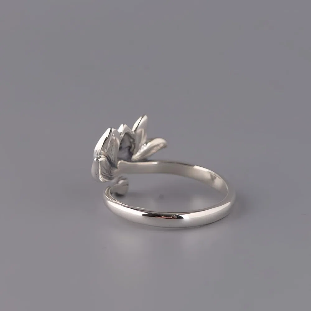 Anello aperto fiore di loto smaltato in argento sterling 925 per donna e ragazza regolabile
