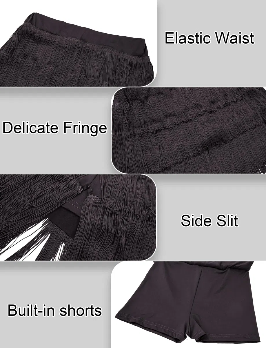 SEAUR Gonna da danza latina, da donna, con frange, con pantaloncini, per allenamento, danza, Tango Rumba Cha Cha Samba, lunghezza gonna 43-46 cm, EU S-XL = (Asie M-2XL)