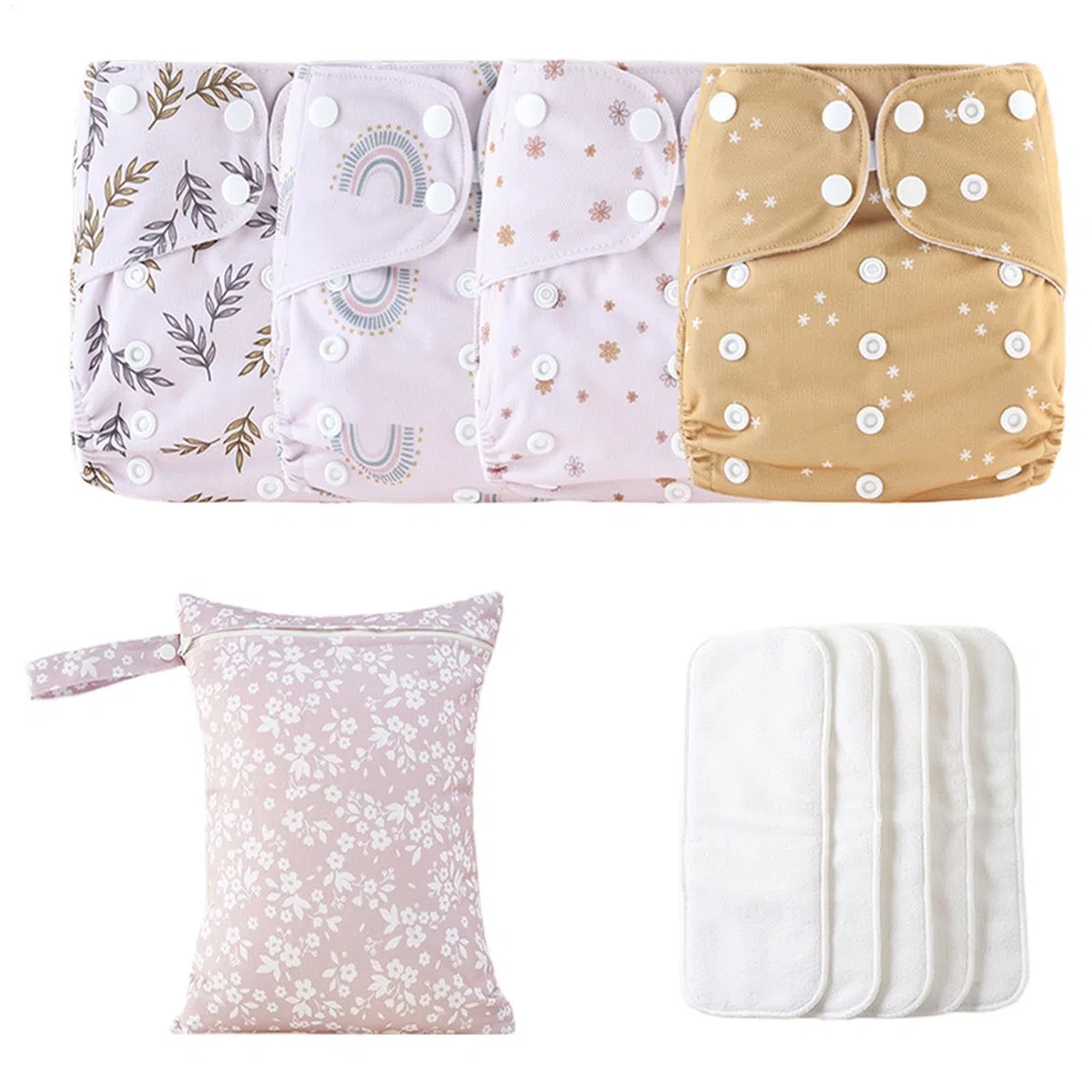 Pannolini riutilizzabili per, pannolini lavabili per, pannolini per bambini riutilizzabili regolabili, 4 fodere assorbenti e traspiranti, copertura impermeabile con 4 inserti e 1 borsa