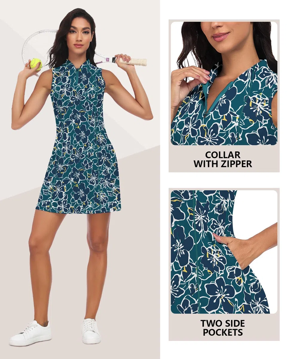 Soneven Vestito sportivo da donna, estivo, per il tempo libero, corto, senza maniche, da tennis, con cerniera 1/4 e tasche per golf, tutti i giorni, casual