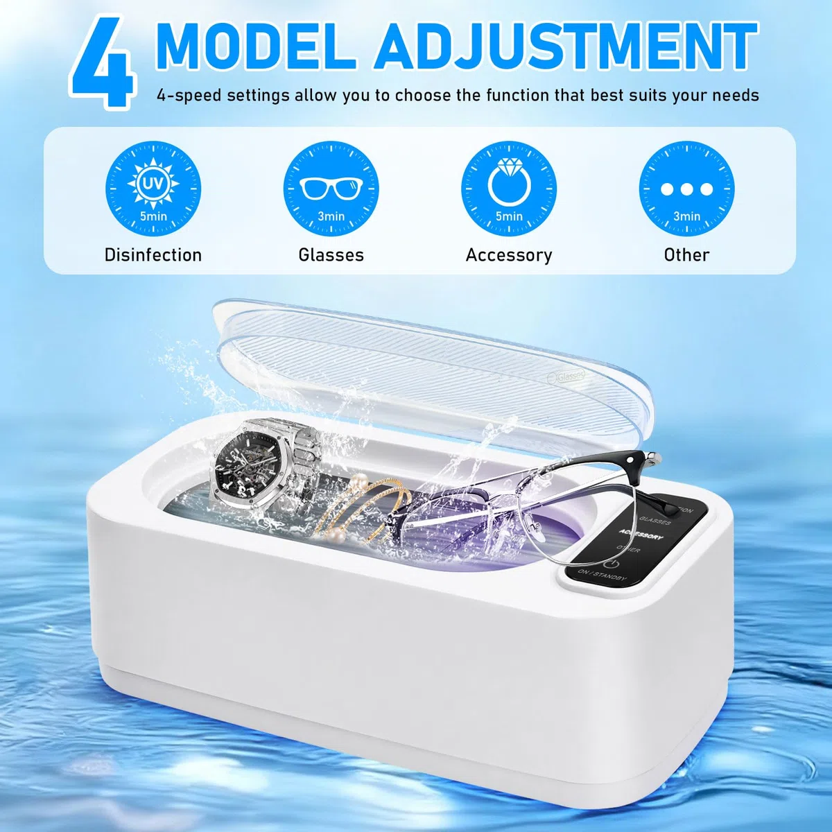 49KHz Pulitore Ultrasuoni,350 ml Ultrasonic Cleaner,Lavatrice Ultrasuoni,Pulizia Profonda a 360 gradi,con 4 modalità di Pulizia,Per Pulizia Gioielli, Occhiali, Orologi, Anelli, Collane