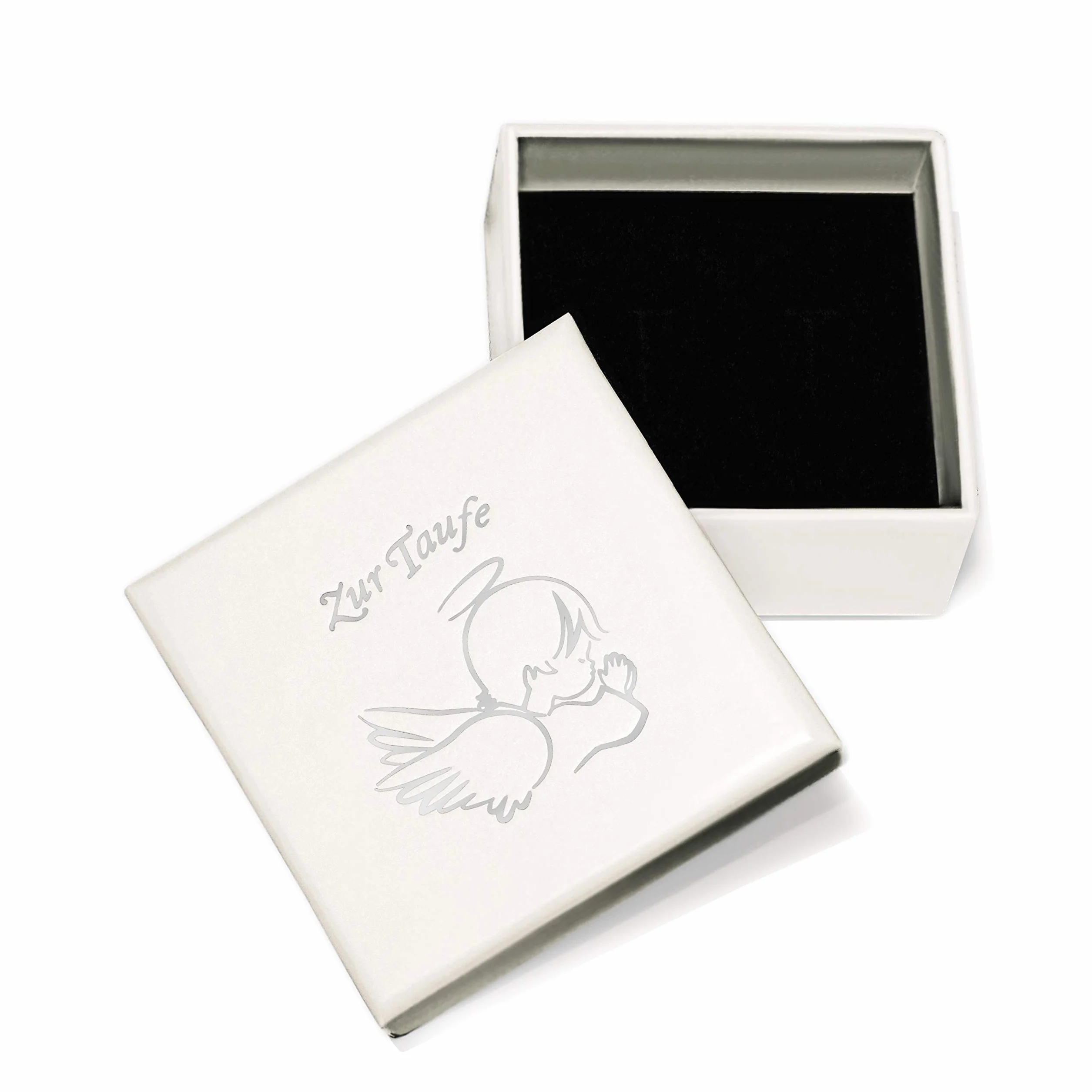 Clever Schmuck - Collana per battesimo in oro con angelo custode e anello bianco, catenina a maglie da 36 cm in argento sterling dorato 925, in una confezione per il battesimo