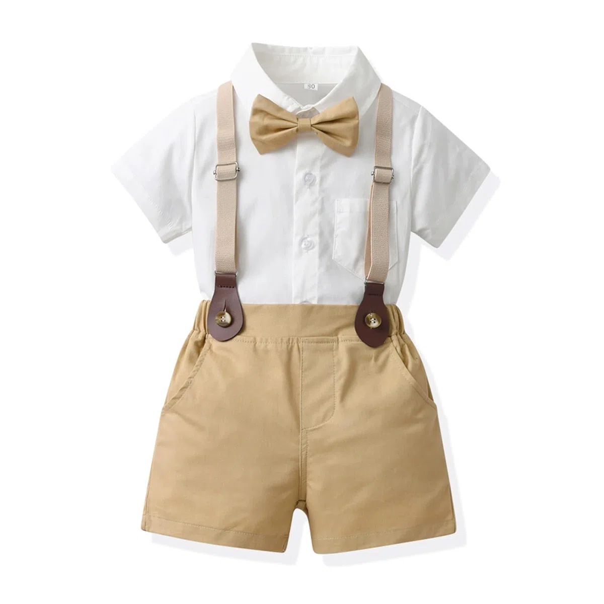 Bimbo Completini e Coordinati Gentiluomo, Camicia a Maniche Corte e Papillon + Pantaloncini con Bretelle Completo Cerimonia per Bambini e Ragazzi