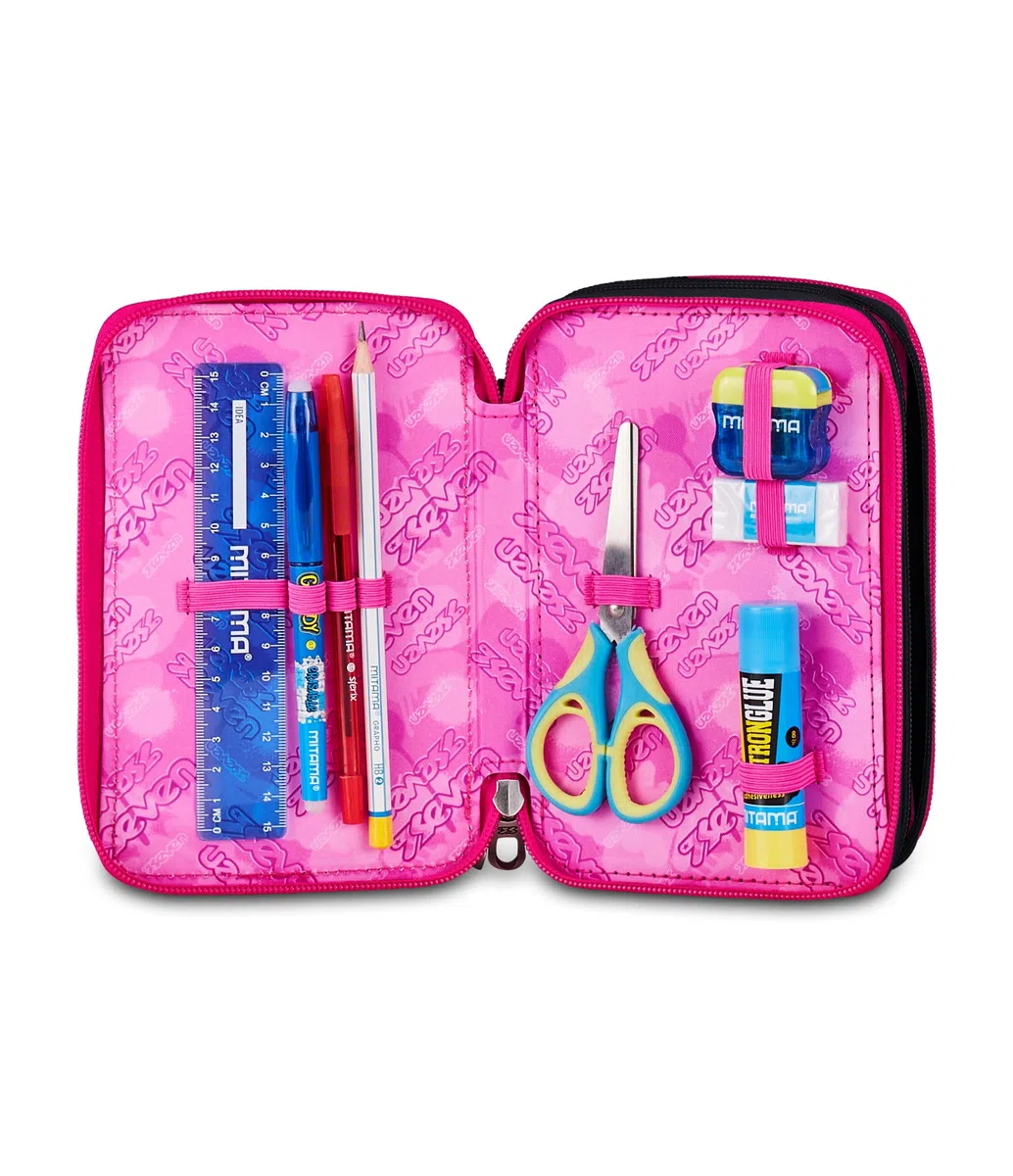 Seven Astuccio Scuola Elementare, 3 scomparti, Medie, con Matite, Pennarelli, Penne, 3 Zip, Starnova, Bambina e Ragazza, nero/fucsia