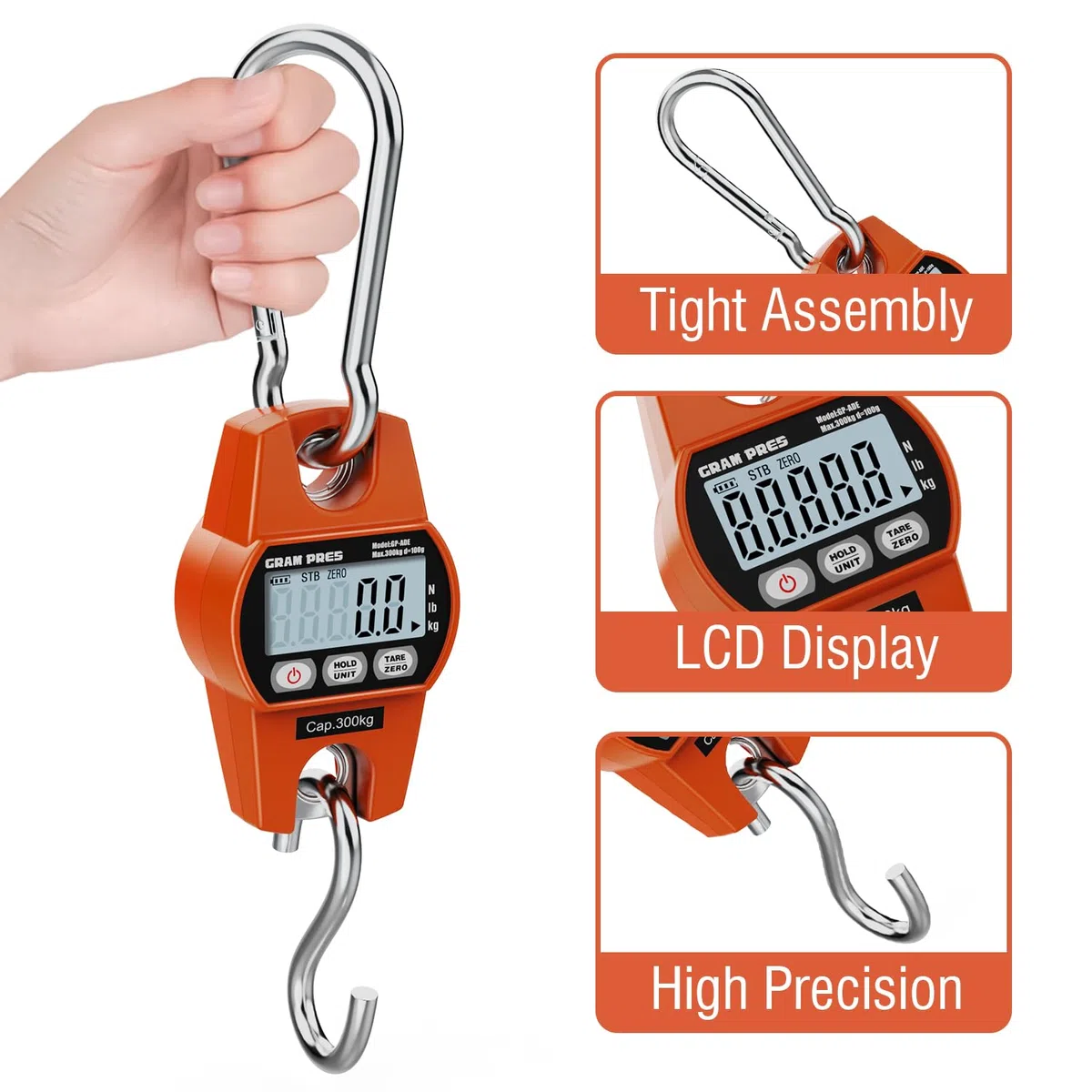 GRAM PRES Bilancia digitale sospesa, mini bilancia per gru 660LB/300KG, bilancia digitale con ganci per fattoria, pesce, bagagli, attività all'aperto.