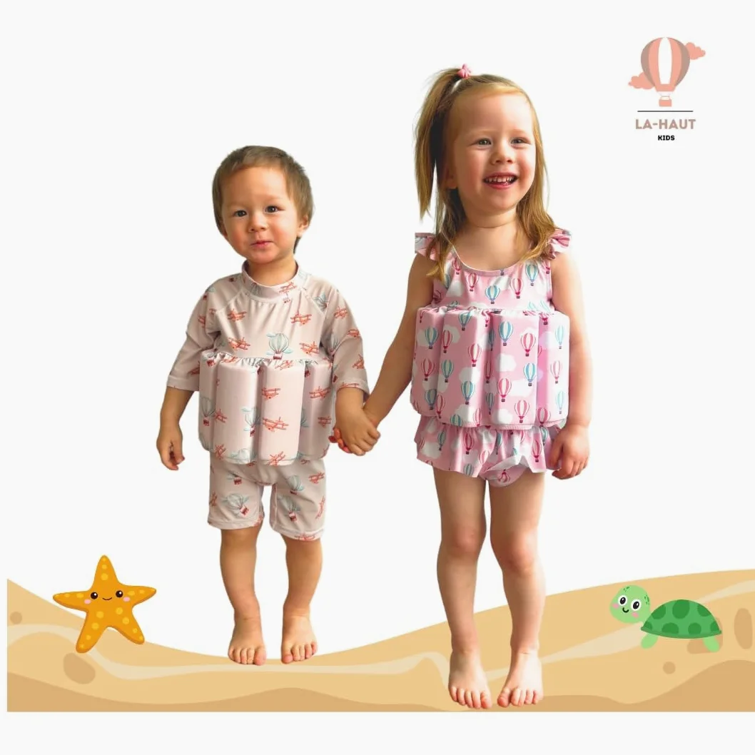 Costume da bagno anti-annegamento per ragazzo, motivo: mongolfiere e aerei, tuta a maniche lunghe, beige stile vintage