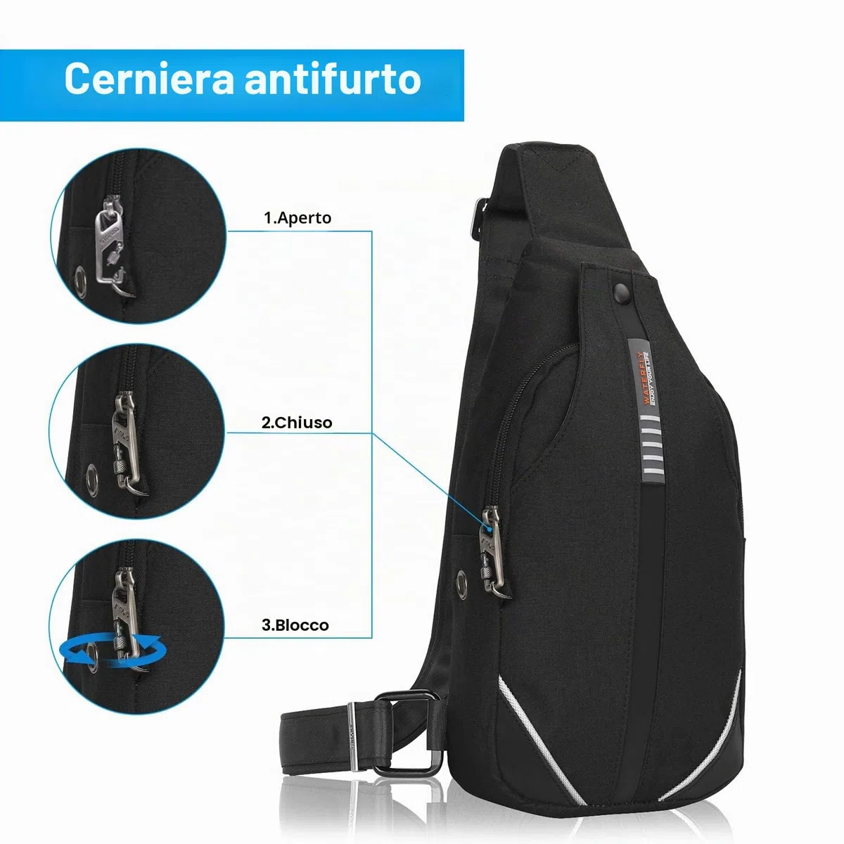 Waterfly Antifurto Zaino Monospalla Borse a Spalla Uomo Donna Sportivo Zaino a Tracolla Monospalla Borsello Petto Sling Bag per Scuola Lavoro Trekking Viaggio Uomo Tracolla