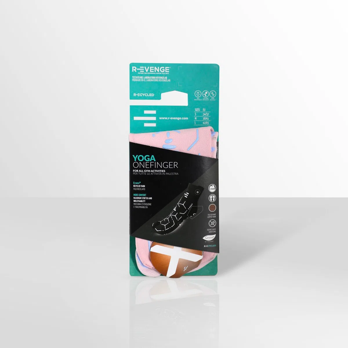 R-EVENGE Calzari tecnici Yoga in cotone biologico, antiscivolo con grip perfetto su superfici asciutte. Filato in rame antibatterico, termoregolante. Modello 1 Finger. Ideale per palestra.