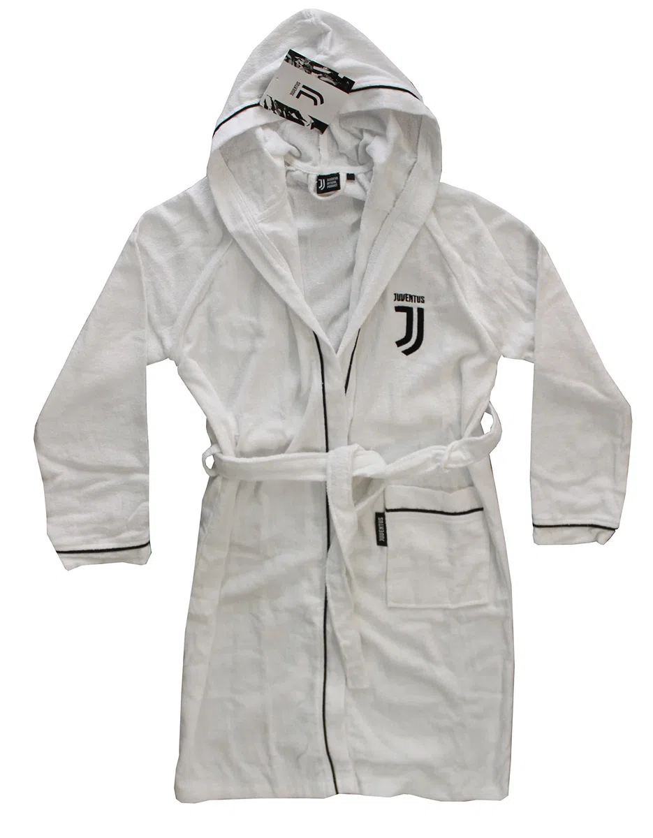 NUOVO LOGO ACCAPPATOIO CON CAPPUCCIO UFFICIALE FC JUVENTUS ANNI 6 8 10 12 14 BIANCO NERO 100% MICRO SPUGNA PURO COTONE BIMBO BAMBINO (ANNI 12 / 14)
