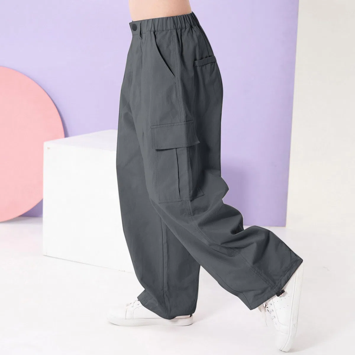 Rolanko Pantaloni Cargo da Ragazza, Pantaloni Larghi in Cotone con Vita Elasticizzata e Tasche Multiple per Bambini di 6-15 Anni
