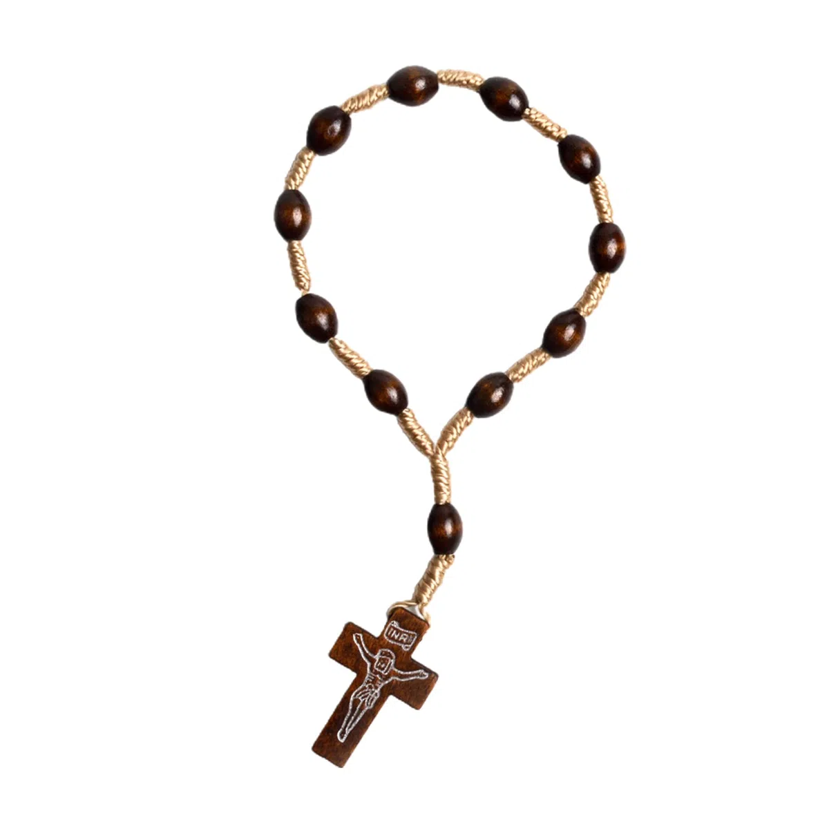 Bracciale Rosario Cattolico con Pendente Rosario Perline Legno Battesimo Comunione Dito