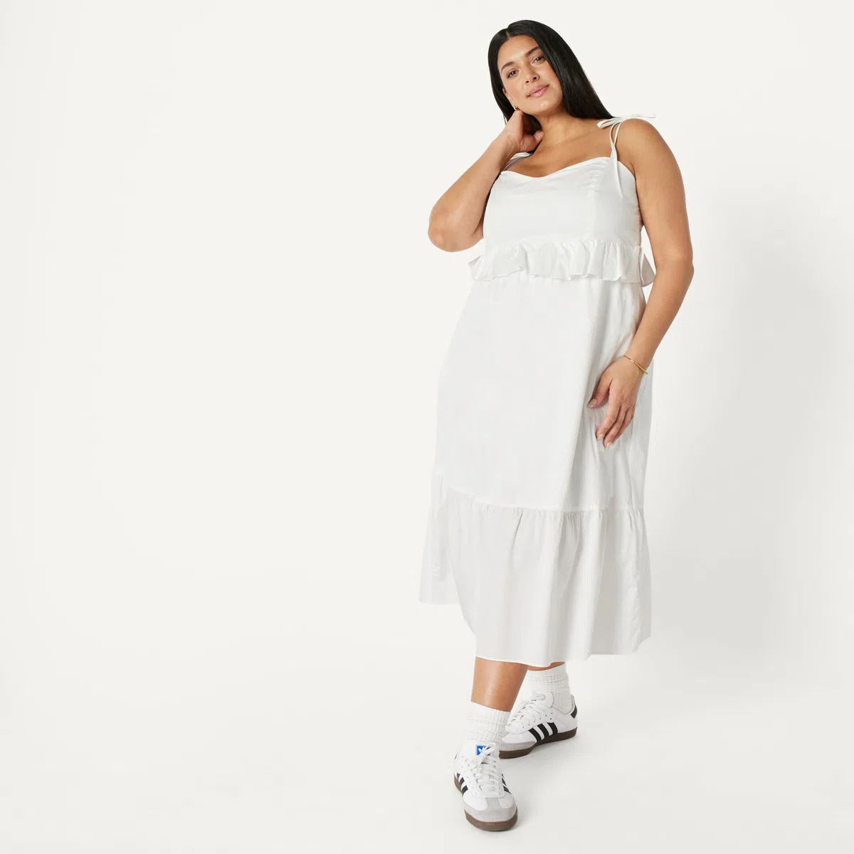 Amazon Essentials Donna Abito Midi a Trapezio con Volant in Raso di Cotone Vita Impero