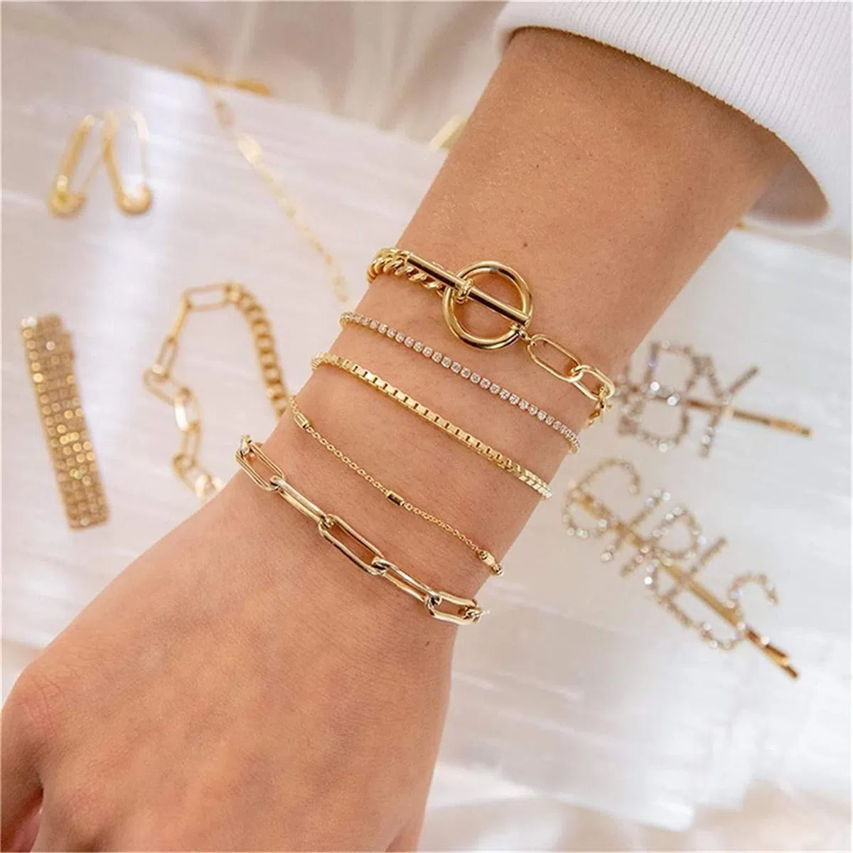 PULABO Set di 5 braccialetti color oro con bracciale a catena con strass, cavigliera regolabile, gioielli quotidiani fatti a mano per ragazze adolescenti durevole