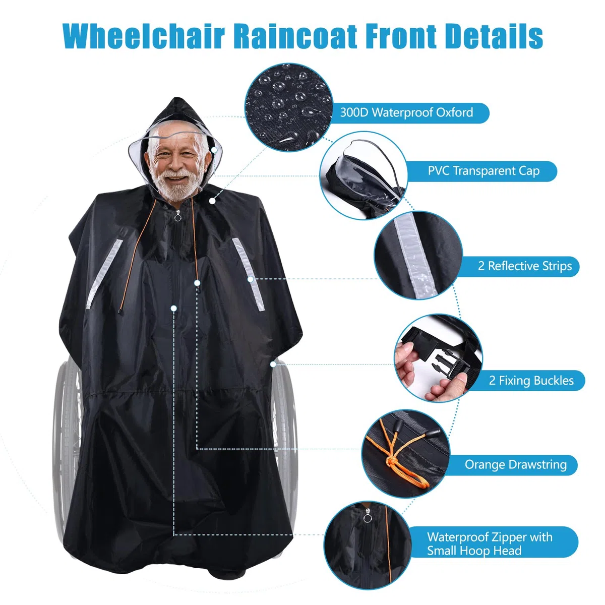 Poncho Impermeabile per Sedie a Rotelle con cappuccio semitrasparente e cerniera impermeabile, Mantella Antipioggia Universale con strisce riflettenti per scooter elettrici e di mobilità