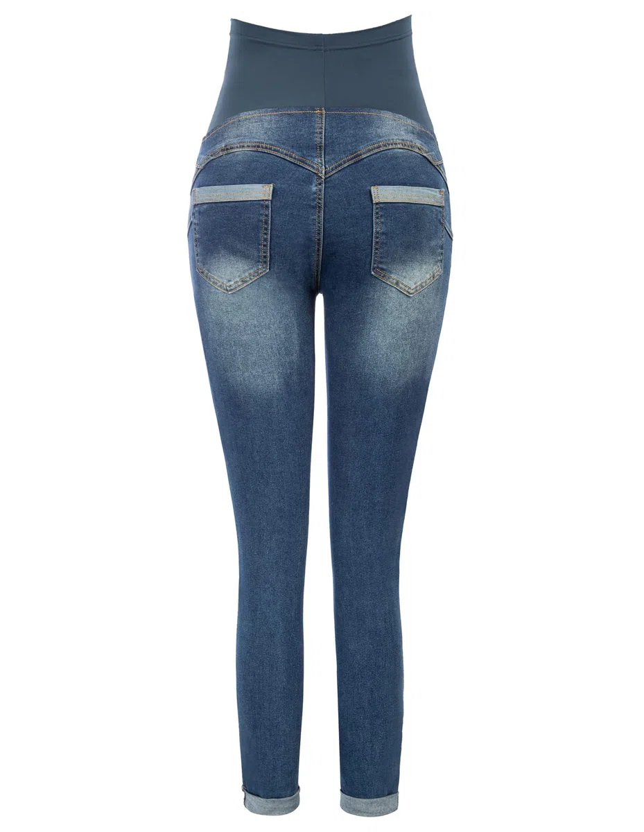Maacie Pantaloni premaman lunghi elastici per gravidanza, comodi jeans primaverili estivi, Azzurro con orli arrotolati, S