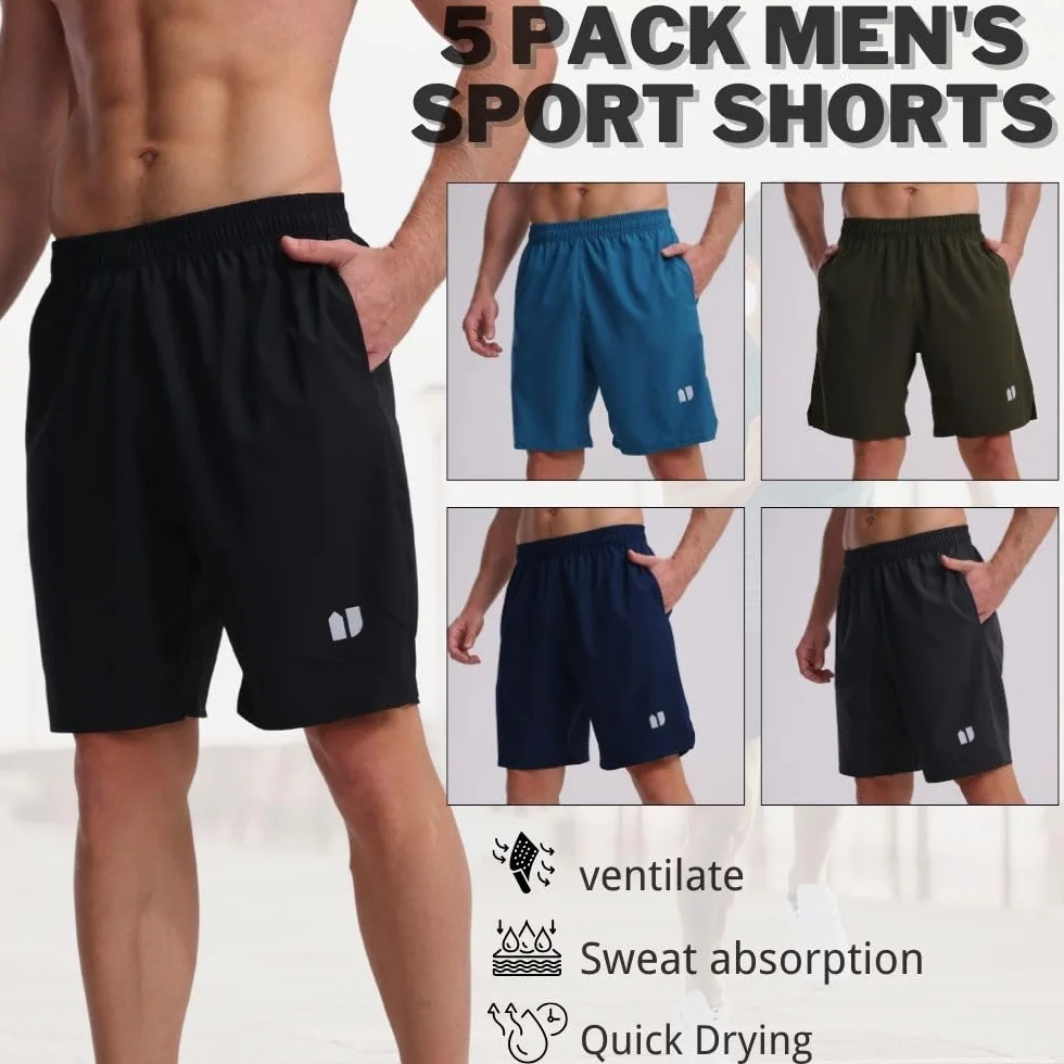 Confezione da 5 pantaloncini da corsa da uomo ad asciugatura rapida per jogging, pantaloncini sportivi da uomo con tasche e elastico in vita