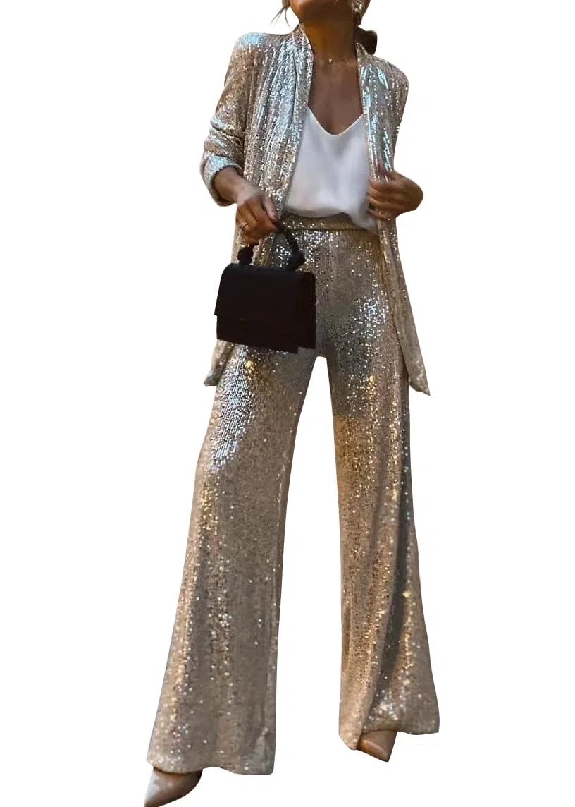 shownicer Completo da Donna in Due Pezzi con Paillettes Elegante Tailleur Pantaloni e Giacca da Completo Blazer a Maniche Lunghe Tuta