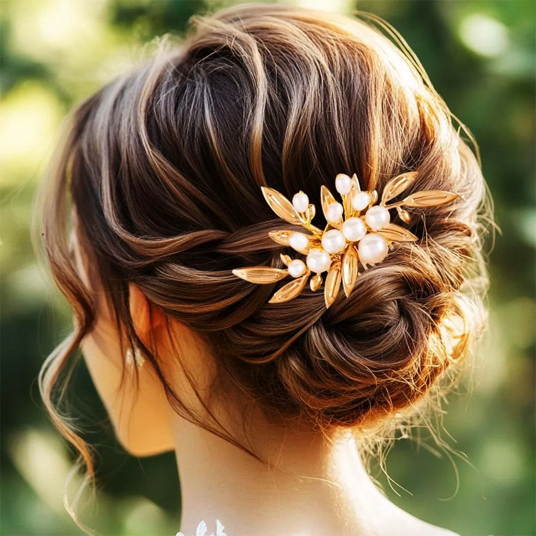 Reaky Pettini per capelli con perle e foglie d'oro per capelli da sposa