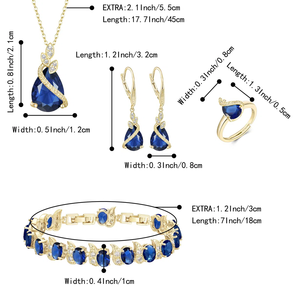 Set di Gioielli per Donne Argento Placcato Goccia Zirconia cubica Collana Aperta Anello Regolabile Orecchini Bracciale per Matrimonio/Anniversario/Festa della Mamma