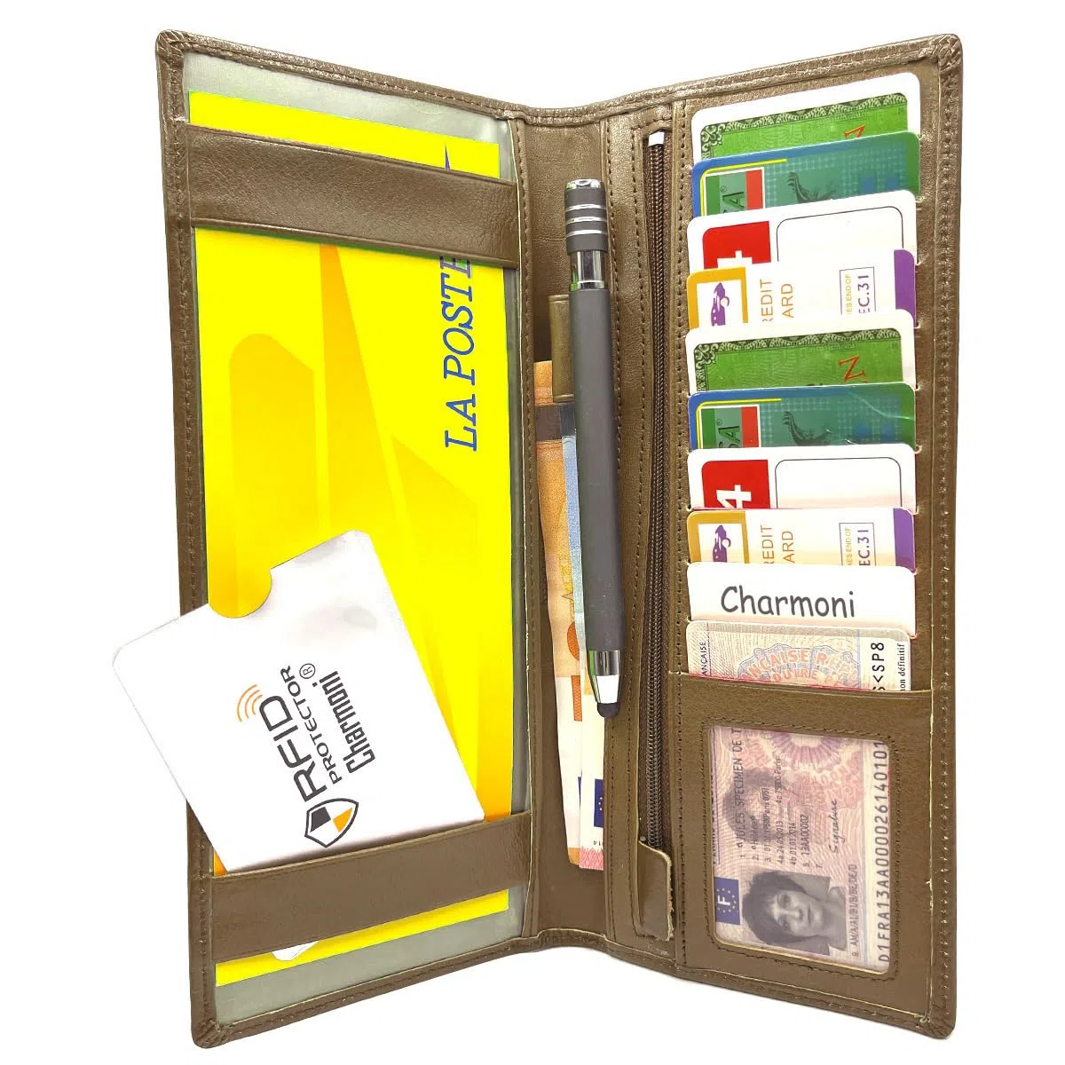 Charmoni - Custodia per libretto degli assegni lunga con tacco a sinistra - Protezione anti-RFID - 2 persiane - 9 scomparti per carte di credito in pelle di vacchetta, grigio, taglia unica, Classico