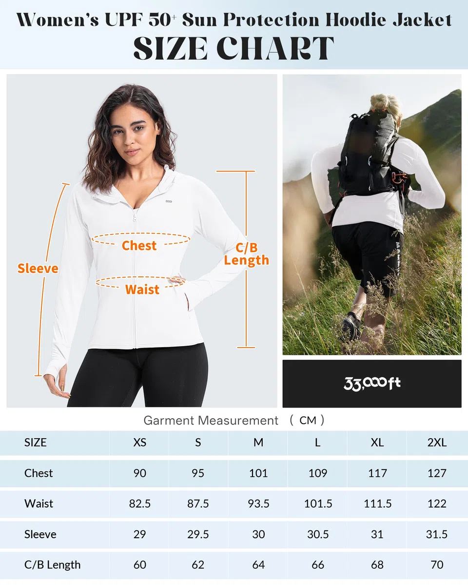 33,000ft Giacca da corsa leggera da donna, UPF 50+, con cappuccio Full Zip, con foro per il pollice, traspirante, con 4 tasche, per corsa, fitness