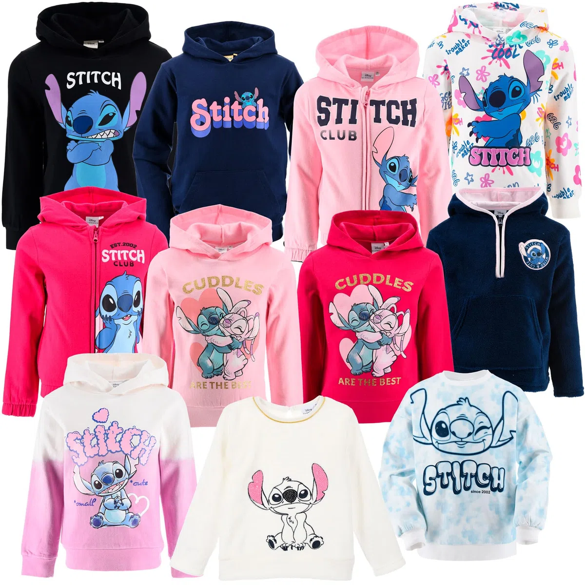 Disney Stitch - Bambine Ragazze – Modelli Girocollo, con Cappuccio o Zip – Tante Grafiche Colorate Cotone o Pile Morbido – Taglie 3-16 Anni