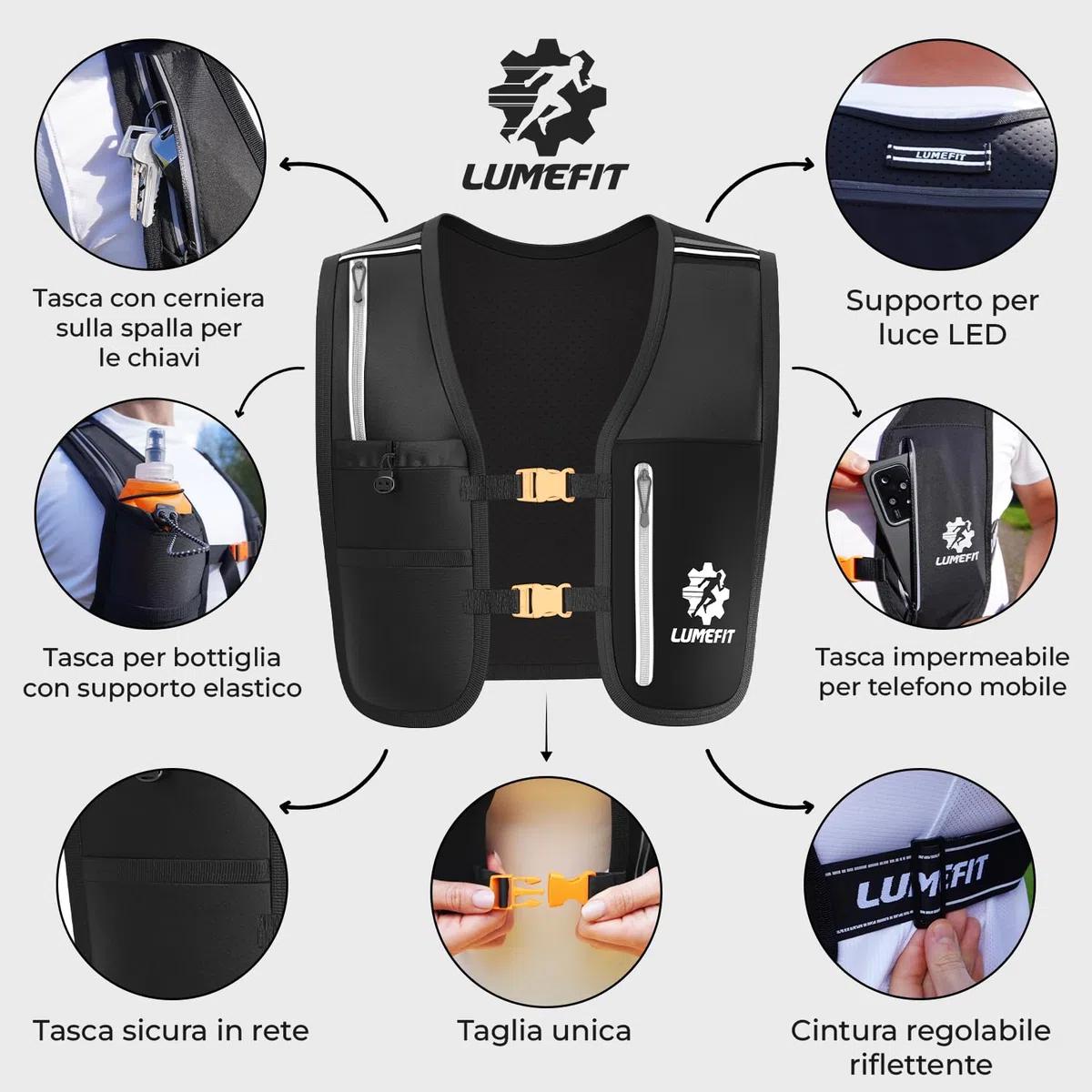 LUMEFIT Gilet Running Riflettente con Bottiglia d'Acqua 500 ml, Gilet da Corsa Traspirante Uomo Donna, Tasche Multiple e Cintura Regolabile, Running Vest per Ciclismo, Escursionismo, Trekking, Trail