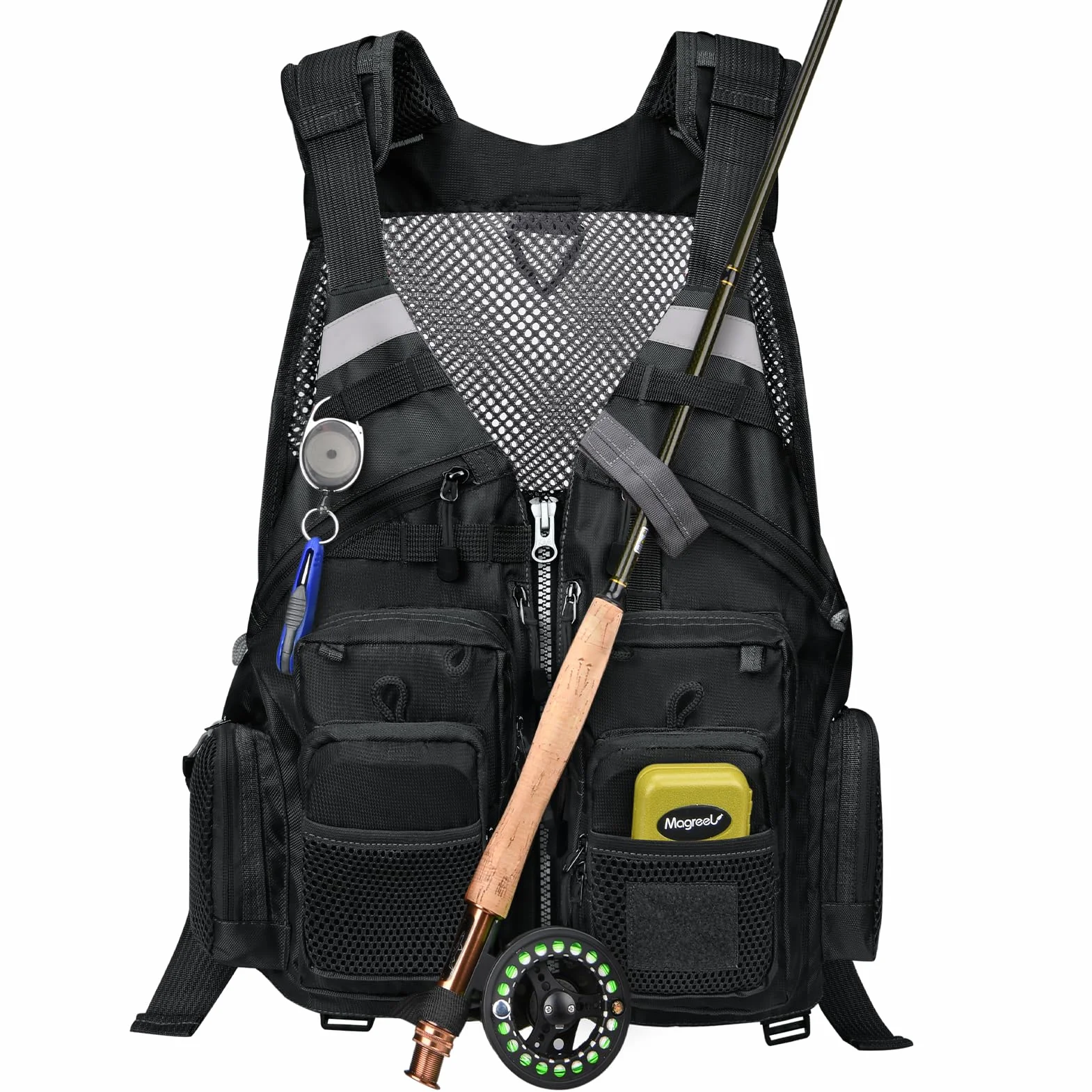 Gonex Gilet da Pesca a Mosca per Uomo e Donna, Comodo Gilet da Pesca Regolabile con Strisce Riflettenti Multitasche per Pesca a Mosca, Pesca Alla Trota Nel Laghetto